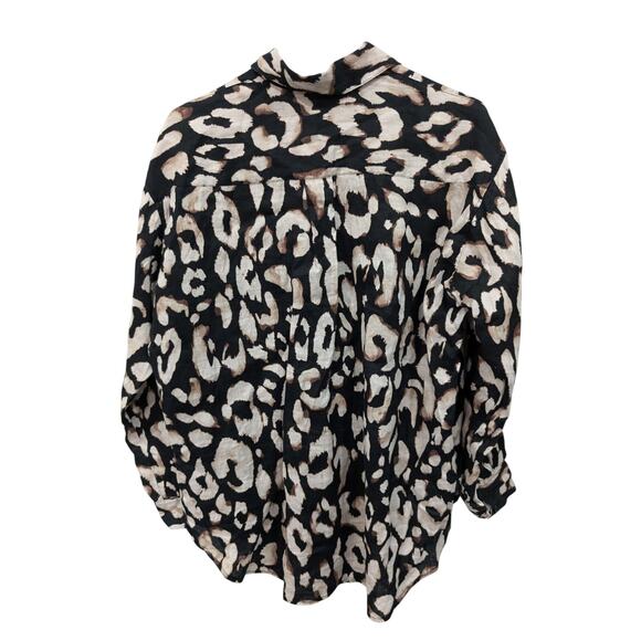 H&M Linen Animal Print Button Front Long Sleeve Oversized Top Size XS - Picture 3 of 5